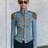Western Retro Tassel Button Zipper Light Blue Denim Jacket