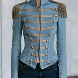 Western Retro Tassel Button Zipper Light Blue Denim Jacket