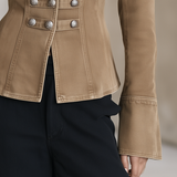 Khaki Military Denim Jacket Women Stand Collar Double-Breasted Fitted