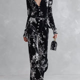 Floral Print Velvet Long Sleeve Wide Leg Jumpsuit