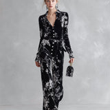 Floral Print Velvet Long Sleeve Wide Leg Jumpsuit
