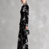 Floral Print Velvet Long Sleeve Wide Leg Jumpsuit
