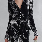 Floral Print Velvet Long Sleeve Wide Leg Jumpsuit