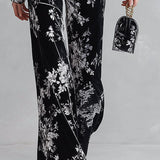 Floral Print Velvet Long Sleeve Wide Leg Jumpsuit
