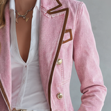 Women's Pink Fringe Denim Jacket Western Zip-Up Fitted Peplum Cropped Coat