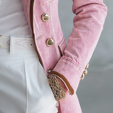 Women's Pink Fringe Denim Jacket Western Zip-Up Fitted Peplum Cropped Coat