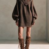 Women's Asymmetric Foldover Wooden-Button Drop-Shoulder Balloon-Sleeve Relaxed Wool-Knit Mini Dress MDZ2634H5CMX