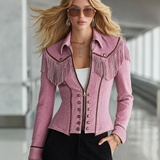 Pink Washed Denim Blazer Double-Breasted Gold Buttons Western Fitted Jacket