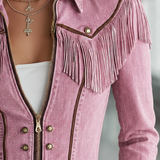 Pink Washed Denim Blazer Double-Breasted Gold Buttons Western Fitted Jacket