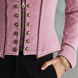 Pink Washed Denim Blazer Double-Breasted Gold Buttons Western Fitted Jacket