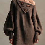 Women's Asymmetric Foldover Wooden-Button Drop-Shoulder Balloon-Sleeve Relaxed Wool-Knit Mini Dress MDZ2634H5CMX