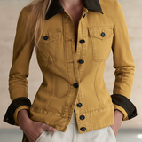 Mustard Yellow Fitted Denim Jacket Women Contrast Collar Western Cropped