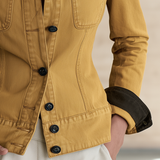 Mustard Yellow Fitted Denim Jacket Women Contrast Collar Western Cropped