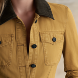 Mustard Yellow Fitted Denim Jacket Women Contrast Collar Western Cropped