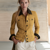 Mustard Yellow Fitted Denim Jacket Women Contrast Collar Western Cropped
