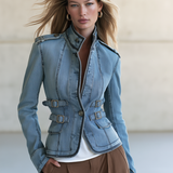 Light Blue Fitted Denim Jacket Women Stand Collar Buckle Belt Detail