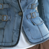 Light Blue Fitted Denim Jacket Women Stand Collar Buckle Belt Detail