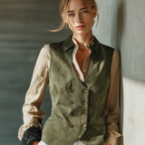 Women's Notched Lapel Double Breasted Olive Vest MDZ2805H2YZJ