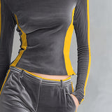 Stylish Color-block Trim Grey Top & Cargo Pants Textured Velvet Set