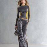 Stylish Color-block Trim Grey Top & Cargo Pants Textured Velvet Set