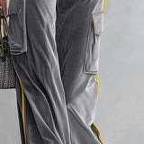 Stylish Color-block Trim Grey Top & Cargo Pants Textured Velvet Set