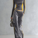 Stylish Color-block Trim Grey Top & Cargo Pants Textured Velvet Set