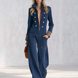 Vintage Military Navy Gold-Button Zip-Front Wide-Leg Sweatshirt Jumpsuit With Pockets