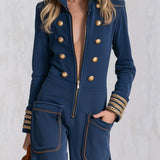 Vintage Military Navy Gold-Button Zip-Front Wide-Leg Sweatshirt Jumpsuit With Pockets