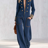 Vintage Military Navy Gold-Button Zip-Front Wide-Leg Sweatshirt Jumpsuit With Pockets