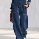 Vintage Military Navy Gold-Button Zip-Front Wide-Leg Sweatshirt Jumpsuit With Pockets