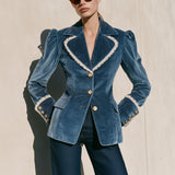 Fashionable Retro Lace-trimmed Lake Blue Velvet Blazer
