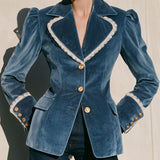 Fashionable Retro Lace-trimmed Lake Blue Velvet Blazer