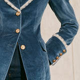 Fashionable Retro Lace-trimmed Lake Blue Velvet Blazer