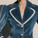 Fashionable Retro Lace-trimmed Lake Blue Velvet Blazer