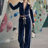 Retro-style Sporty Faux Fur Collar Blue Velvet Jacket And Pants Set