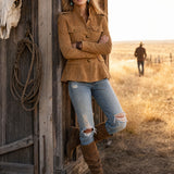 Casual Retro Camel-colored Faux Suede Jacket