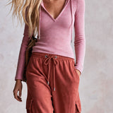 Sporty Retro Pink Striped Hoodie And Brick Red Cotton Pants Set