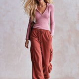 Sporty Retro Pink Striped Hoodie And Brick Red Cotton Pants Set
