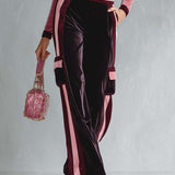 Retro Sporty Pink Velour Crop Top Striped Cargo Track Pants Set