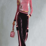 Retro Sporty Pink Velour Crop Top Striped Cargo Track Pants Set