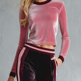 Retro Sporty Pink Velour Crop Top Striped Cargo Track Pants Set