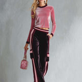 Retro Sporty Pink Velour Crop Top Striped Cargo Track Pants Set