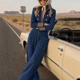 Vintage Military Navy Gold-Button Zip-Front Wide-Leg Sweatshirt Jumpsuit With Pockets