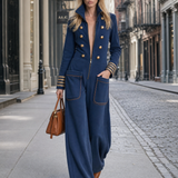 Vintage Military Navy Gold-Button Zip-Front Wide-Leg Sweatshirt Jumpsuit With Pockets
