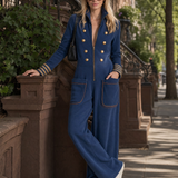 Vintage Military Navy Gold-Button Zip-Front Wide-Leg Sweatshirt Jumpsuit With Pockets