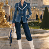Fashionable Retro Lace-trimmed Lake Blue Velvet Blazer