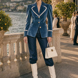 Fashionable Retro Lace-trimmed Lake Blue Velvet Blazer