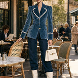 Fashionable Retro Lace-trimmed Lake Blue Velvet Blazer