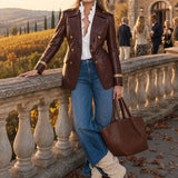 Casual Retro Gold Ribbon Brown PU Blazer