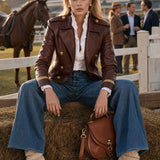 Casual Retro Gold Ribbon Brown PU Blazer